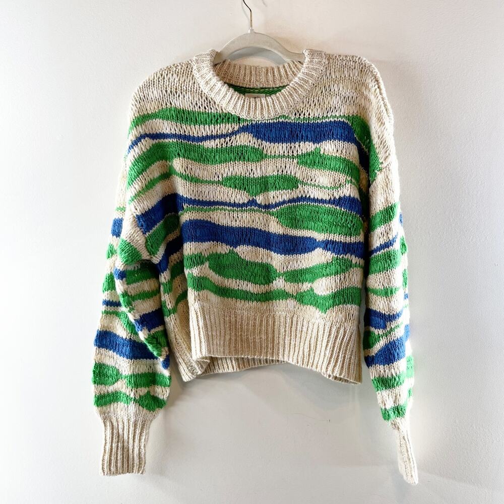 Aerie Long Sleeve Crewneck Chunky Knit Sweater Tan Green Blue Small - Picture 2 of 4